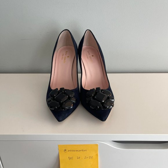 Kate Spade Philie Navy Suede Pumps with Black Crystal - Picture 2 of 11